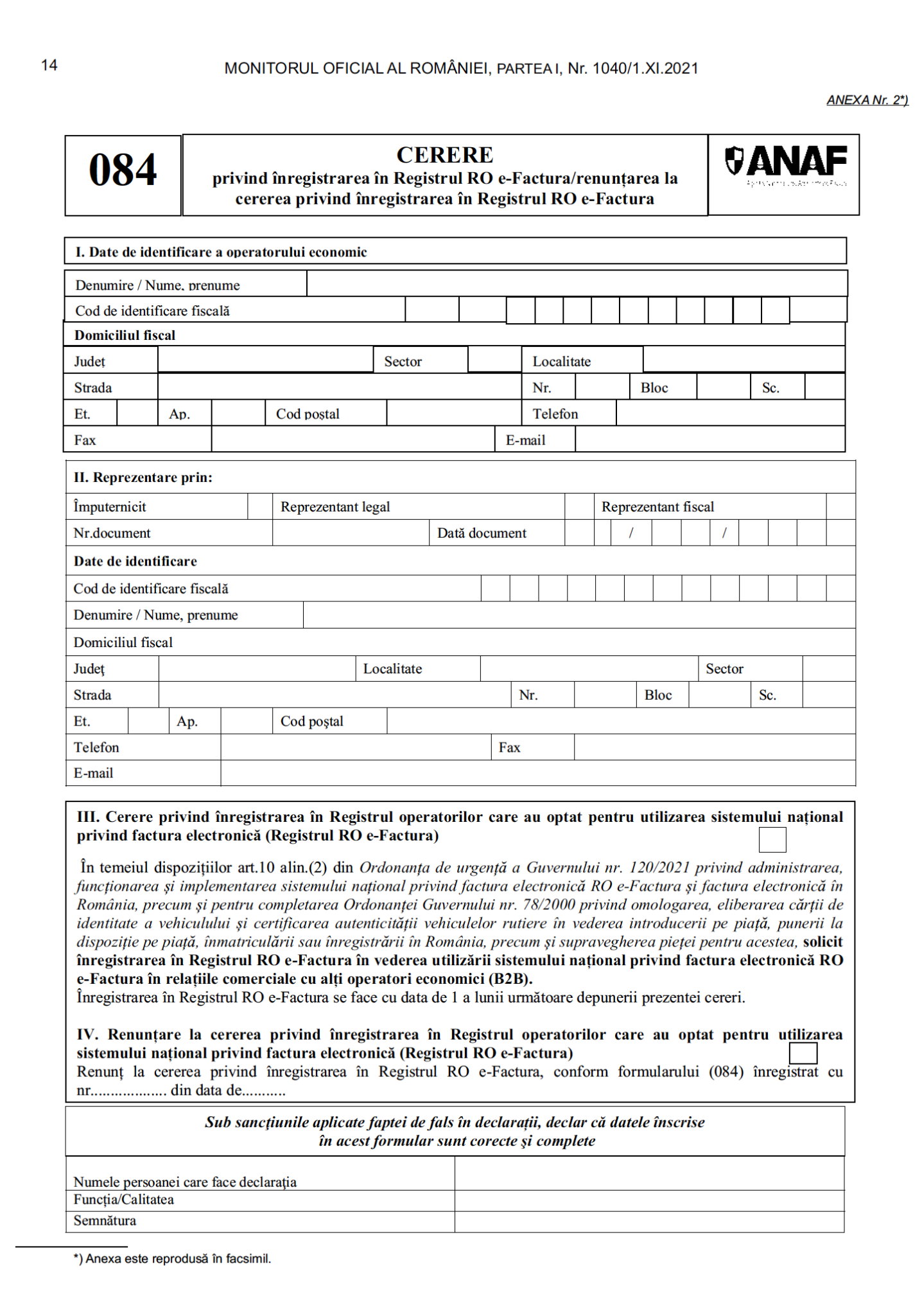 Instructiuni completare formular (084) – e-Factura